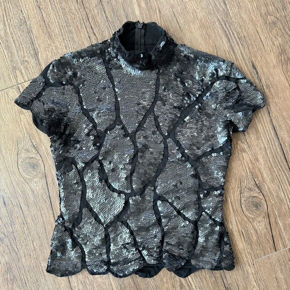 Elegant Black Matte Sequins Top Mock Neck Short Sleeve Shirt - Picture 2 of 10